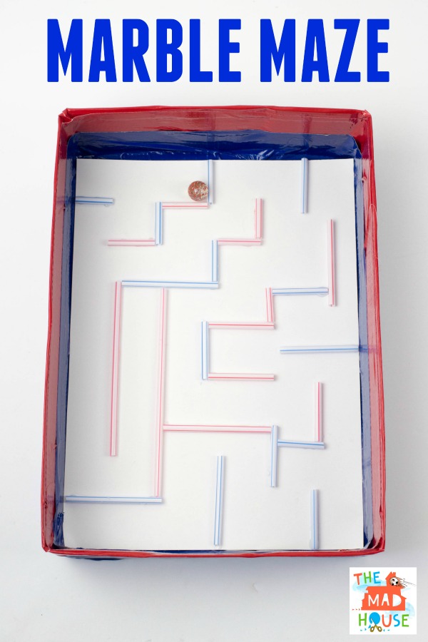 Straws are glued into a box to create a maze for a marble.