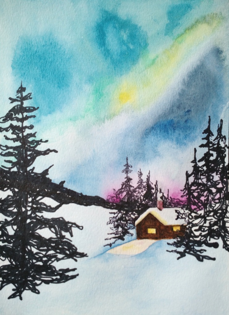 Cozy winter cottage painting