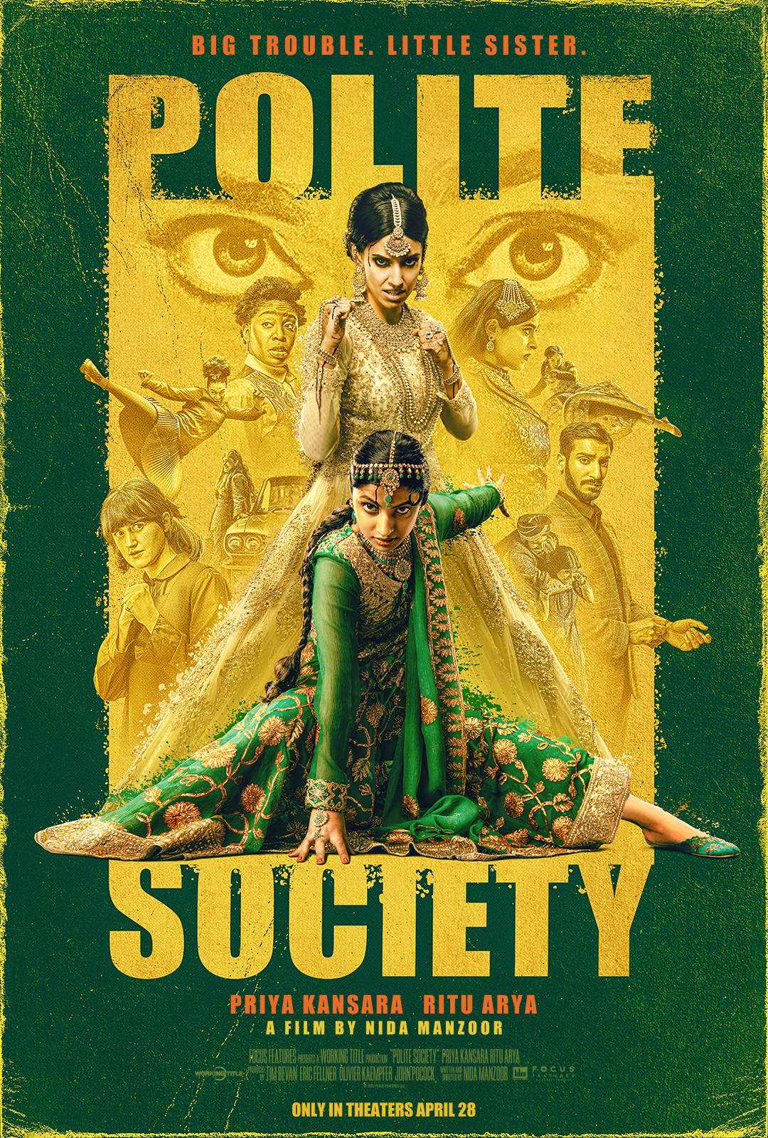 Poster for Polite Society with two sisters in elegant dresses performing martial arts poses.