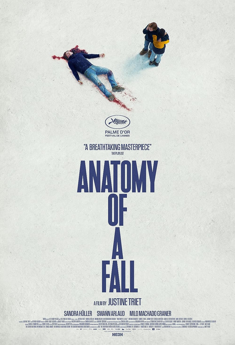 Poster for Anatomy of a Fall with the title of the movie, a dead body above the title, and two other figures standing near the body.