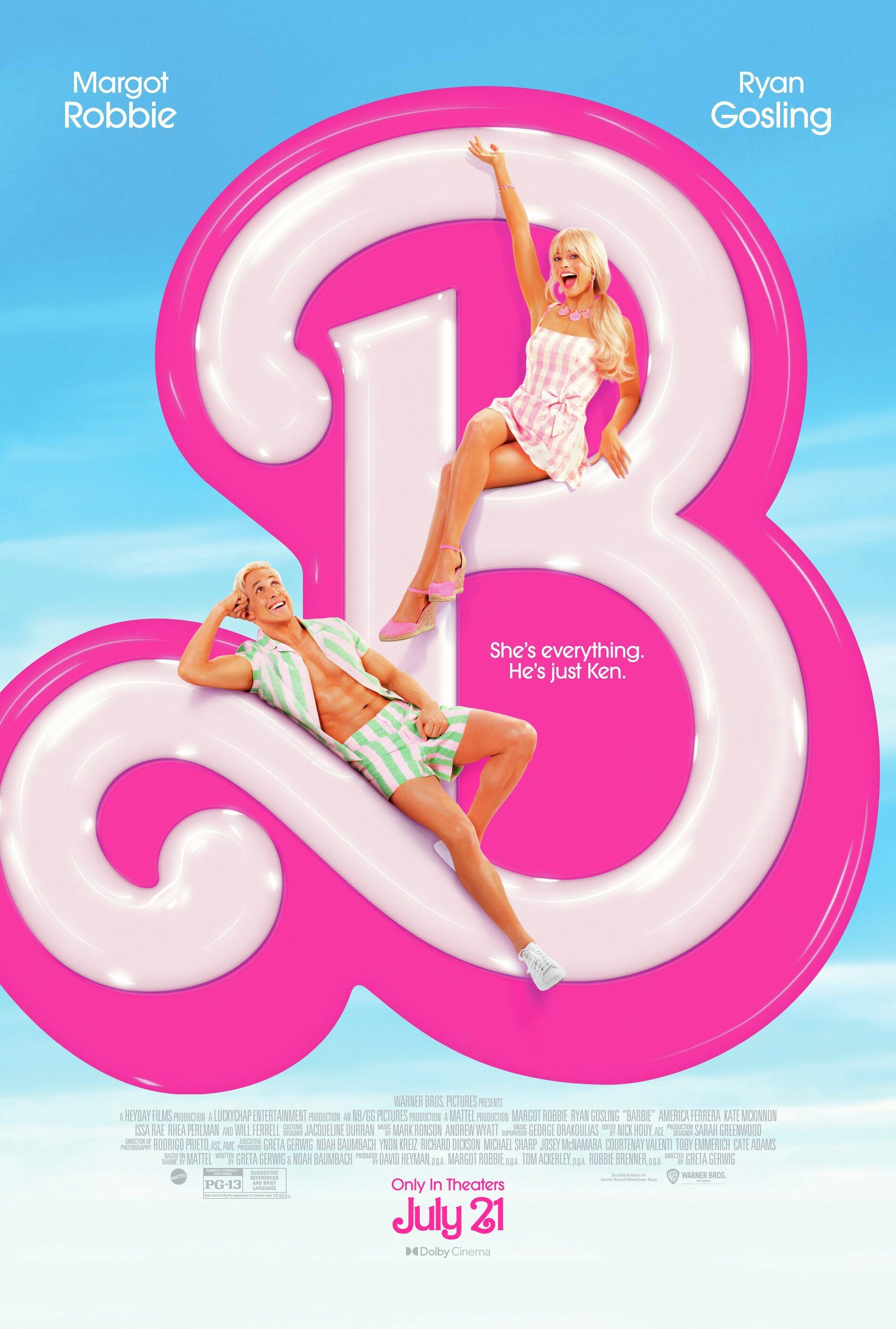 Poster of Barbie movie with Barbie and Ken lounging on a large stylized B