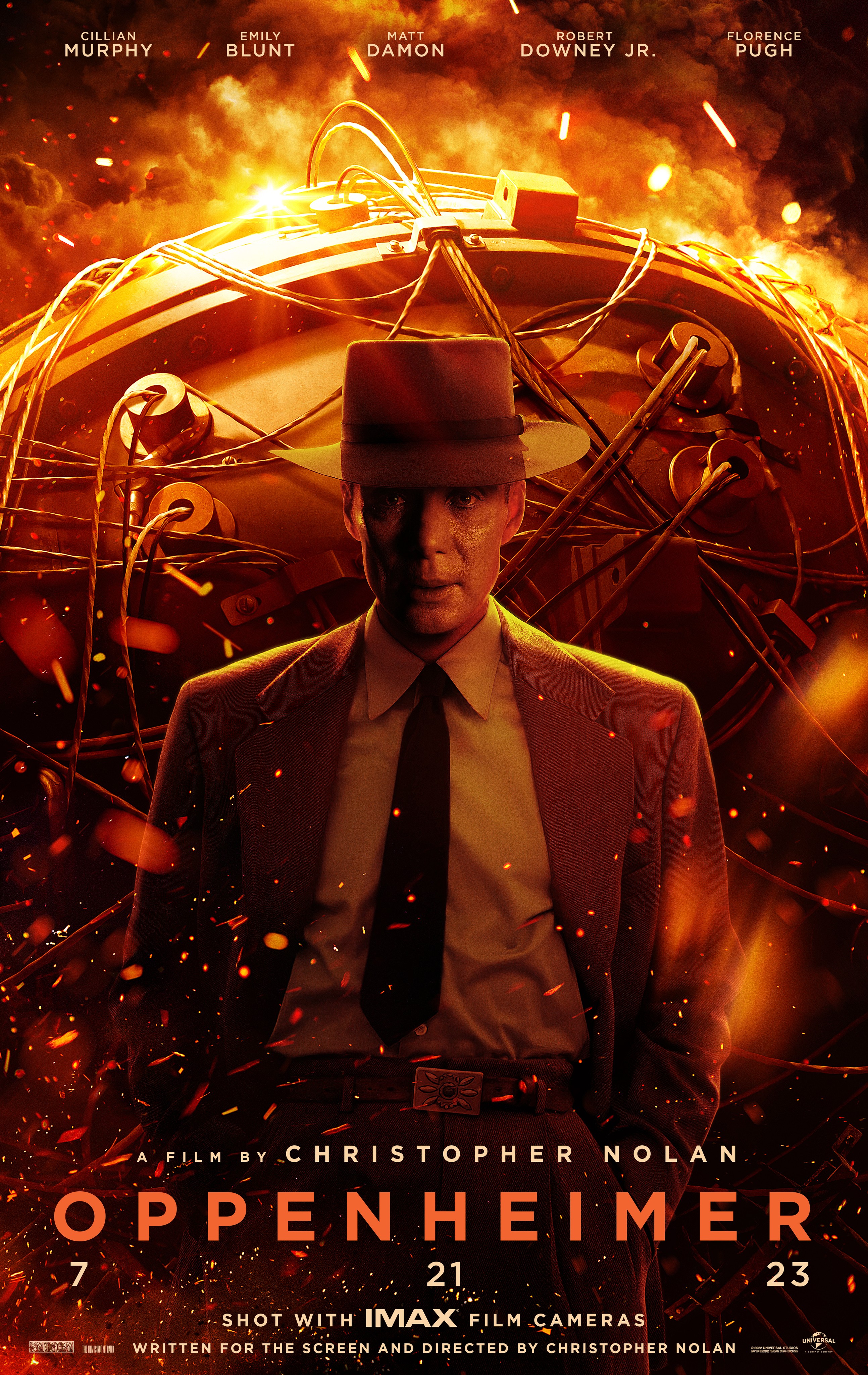 Poster of Oppenheimer with Cillian Murphy as Oppenheimer in front of an explosion.