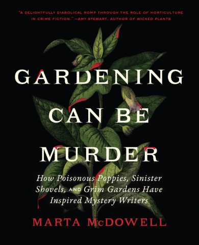 Cover of the book "Gardening Can Be Murder" that has a green plant with some red dripping from it