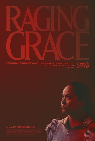 Movie poster for Raging Grace. Image is a Filipina woman with dark hair wearing a cross, looking up and away. Multiple grey hands grab at her shoulders from behind.