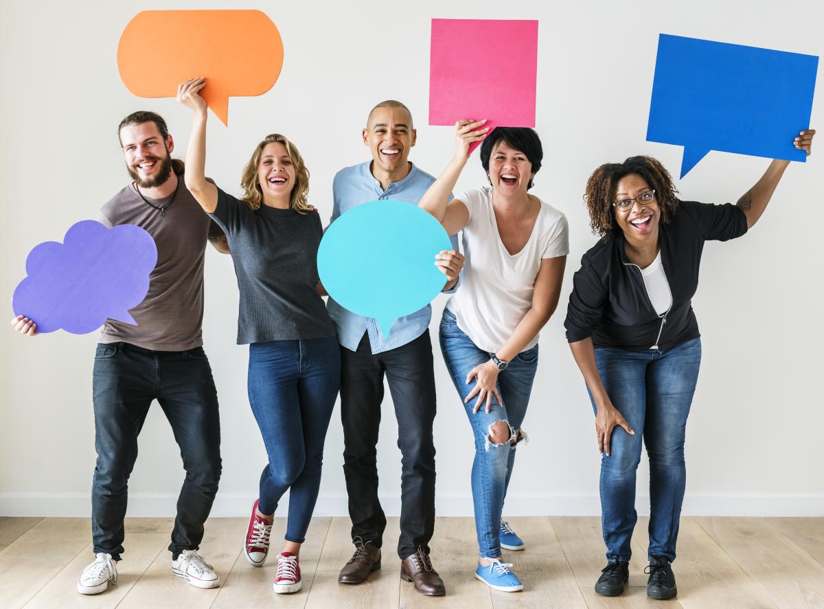 Various people holding up thought bubbles and dialogue boxes